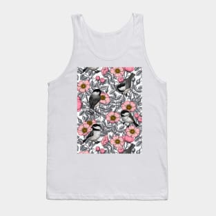 Chickadees in the wild rose, pink and gray Tank Top